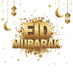 Joyful celebration of Eid Mubarak with golden decorations and festive elements in a vibrant setting