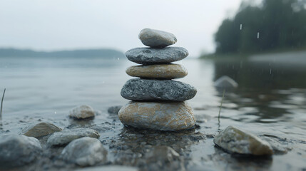 Balanced rocks by calm lake, rain, nature peace