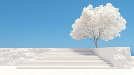 White stairs, tree, ocean view; peaceful scene
