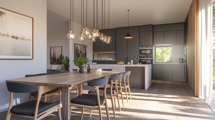 Stunning 3D-Rendered Modern Kitchen Interior with Scandinavian Dining Table and Minimalist Gray Cabinets - Perfect Blend of Style and Functionality