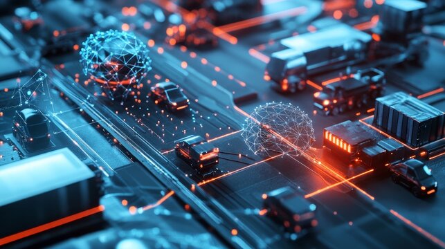 High-Tech Network with Vehicles and Digital Connections at Night