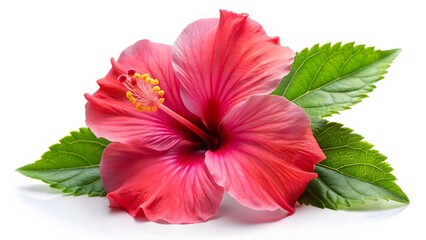 Red Hibiscus Flower with Green Leaves