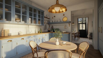 Vintage 3D Kitchen Design with Pale Blue Cabinets, Brass Hardware & Timeless Aesthetic for Inspired Interiors