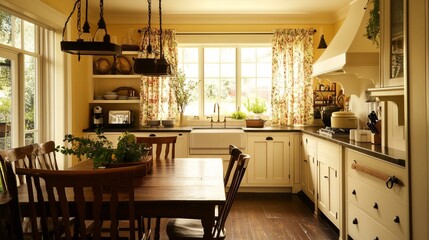 Vintage Kitchen Interior with Cream Cabinets, Farmhouse Sink, Dark Wood Table, and Antique Lighting for a Charming, Cozy Dining Look