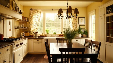 Cozy Vintage Kitchen with Cream Cabinets, Farmhouse Sink, Antique Decor, and Charming Floral Details in a Warm and Inviting Rustic Setting