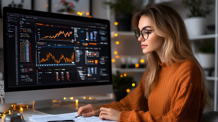 Naklejka premium Professional woman working in a cozy office space, analyzing financial data on dual screens with warm lighting and a modern interior, UHD 4K Image. 