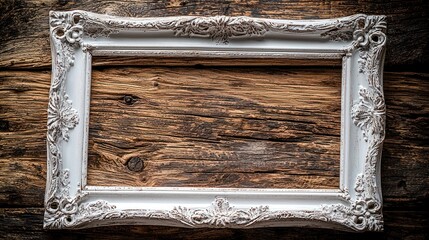 White ornate frame on rustic wood background, copy space