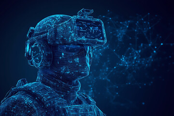 Futuristic glowing wireframe of a military strategist analyzing data