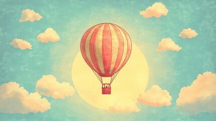 Naklejka premium A striped hot air balloon floats serenely above fluffy clouds