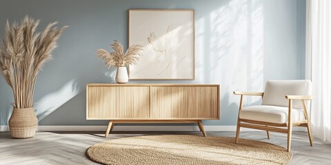 Scandinavian-Style Living Room Mockup with Minimalist Design, Light Wood Furniture, Natural Textures, and Bright Pale Blue Wall – Perfect for Modern Elegance Displays