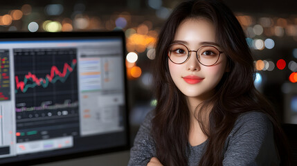 Naklejka premium Smart young woman in glasses monitoring live stock market data on multiple high-resolution screens in a financial office, UHD 4K Image. 