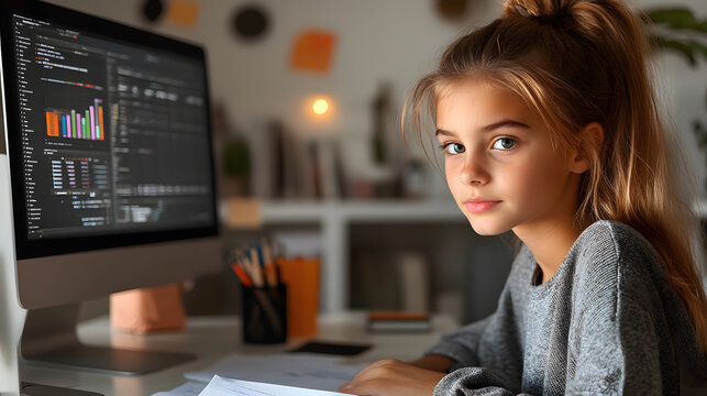 Young girl in a modern office learning about stock market analysis on a professional trading setup, UHD 4K Image.	
