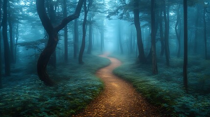 Fototapeta premium Misty forest path winding through blue woods