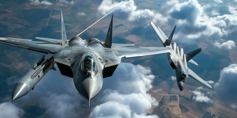 Sukhoi SU-57 felon, a fifth generation multirole fighter aircraft, soars through a cloudy sky, showcasing its advanced aviation technology and military capabilities