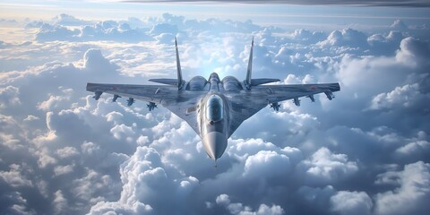 Sukhoi SU-57 fighter jet flying high above a dense layer of white clouds, showcasing its impressive maneuverability and advanced capabilities in a stunning aerial display