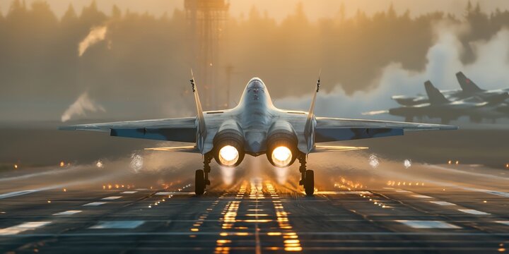 Powerful Sukhoi SU-57 fighter jet accelerating down the runway during takeoff at sunset, with exhaust fumes creating a dramatic scene of power and speed against the backdrop of other aircraft - Powered by Adobe