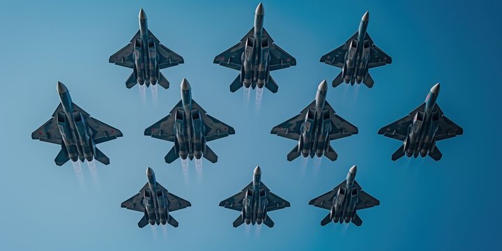 Ten Sukhoi SU-57 felon multirole stealth fighter jets, emitting contrails, are flying in close formation against a vibrant blue sky, showcasing military power and precision