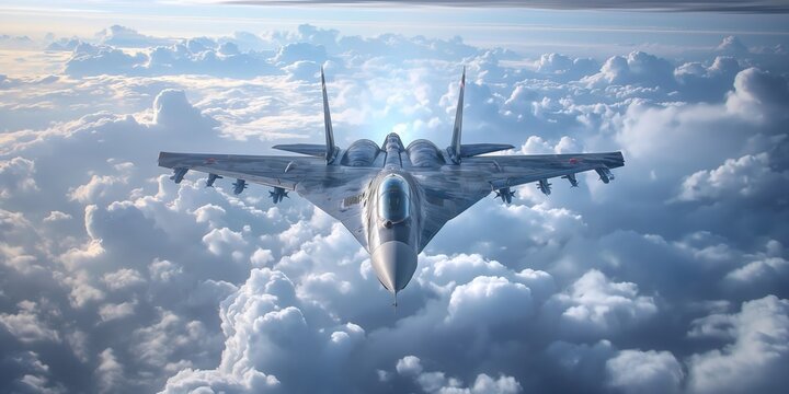 Sukhoi SU-57 fighter jet flying high above a dense layer of white clouds, showcasing its impressive maneuverability and advanced capabilities in a stunning aerial display