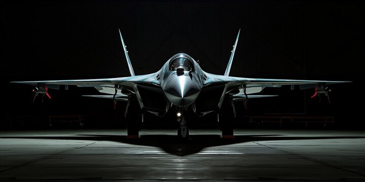 Modern Russian Sukhoi SU-57 felon fifth generation multirole jet fighter aircraft standing in hangar is ready to take off, showcasing its powerful and advanced design