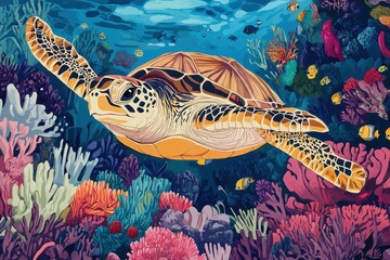 A Sea Turtle Swims Through Vibrant Coral Reefs