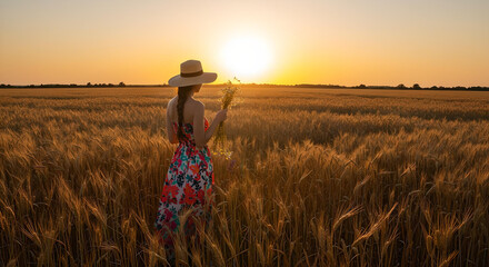 Fototapeta premium Woman in a Wheat Field at Sunset 