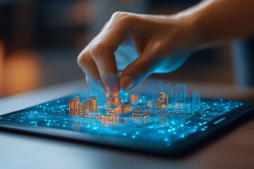 Futuristic glowing wireframe of an urban planner designing