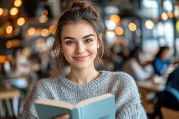 Young Woman Reading in Cozy Cafe Setting with Warm Lighting and Cheerful Atmosphere