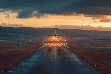 A plane taking off from an airport runway symbolizing new beginnings and dreams in travel for the New Year's Day.