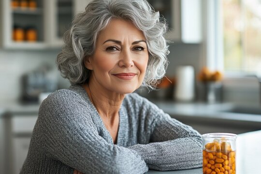 Confident Mature Woman Relaxing in Kitchen with Health Supplements