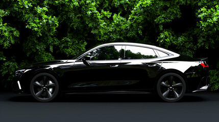 Black luxury sedan parked, foliage background