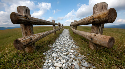 Obraz premium Stone path between wooden fences, mountain view, travel poster