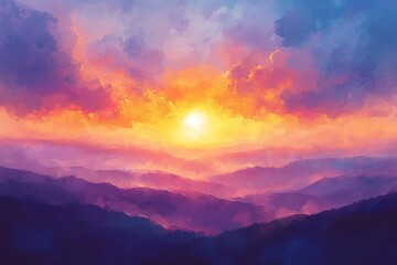 Fototapeta premium Bright sunrise over peaceful landscape, fresh start of the day, Positive Morning, new beginnings.