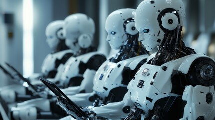 Advanced Robots in a Futuristic Factory Line with Technology Focus