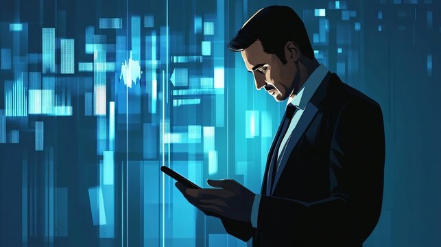 Professional businessman using smartphone and computer to analyze statistics for business insights