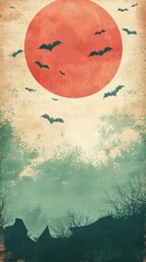 Bats Flying Around A Large Red Moon Over Houses