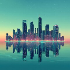 Fototapeta premium City Skyline Reflected in Calm Water at Dusk