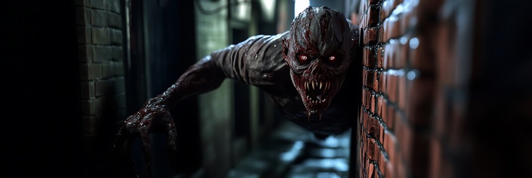 A terrifying ghoul emerging from the shadows of a dark alley