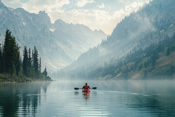 A man kayaking alone on a calm lake surrounded by mountains.