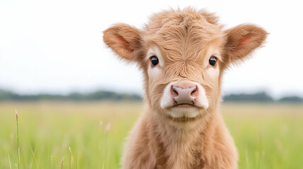 Highland calf, grassy field, farm background, cute animal portrait