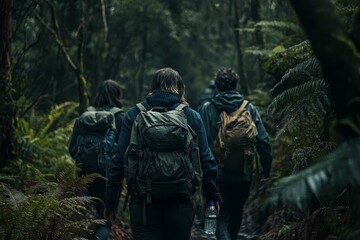 Fototapeta premium Group of friends hiking through a dense forest trail, with backpacks and water bottles in hand.