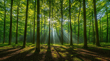 Obraz premium Lush tropical rainforest with towering trees, sunlight filtering through the dense canopy, casting intricate shadows on the forest floor, creating a peaceful atmosphere. 