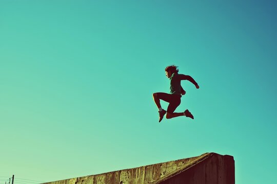 Low-angle image of a runner leaping over a hurdle on a track, captured against a clear blue sky. Copyspace.