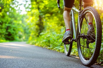 Naklejka premium Low-angle shot of a cyclist riding uphill on a winding road surrounded by lush greenery. Copyspace.