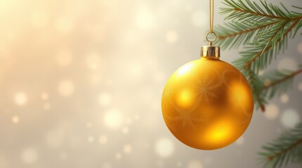 Close-up of a glistening, golden Christmas ornament, reflecting the warm glow of festive lights, symbolizing the magic and joy of the holiday season