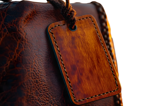 In warm glow of a summer sunset- a brown wooden leather luggage tag with a vintage charm and a sense of wanderlust- adorned with a name- address- and phone fields- dangles from a well-traveled suitca