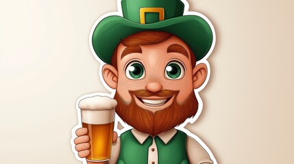 Leprechaun in green hat and outfit raises glass of fresh beer
