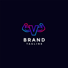Initial V Letter With Muscular Arm Logo Design. Arm Muscle Vitality V Letter Logo Design.