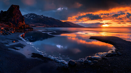Naklejka premium Sunset over coastal mountains, reflecting in tidal pool