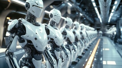 Fototapeta premium Futuristic Robots Lined Up in High-Tech Assembly Environment