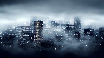 Fototapeta premium A Foggy Cityscape Illuminated by Night Lights-Capturing the Enigmatic Beauty of an Urban Landscape Shrouded in Dense Fog and Illuminated by Countless Lights for an Ethereal and Intriguing Visual Exper